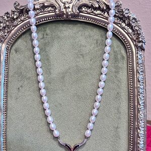 Elegant White Pearl Necklace with sapphire and diamond accents with a 14k clasp